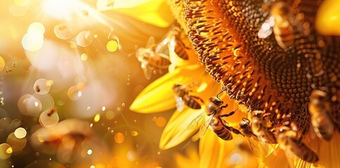 Close-up of a bee collecting honey from a blooming yellow sunflower. Preparation of natural honey. Sunflower and bee as a symbol of summer, health. AI generated illustration - obrazy, fototapety, plakaty