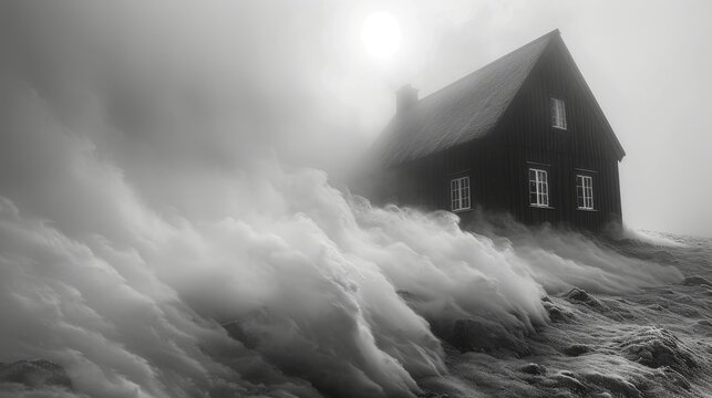  A grayscale picture of a secluded residence submerged by a gigantic water surge