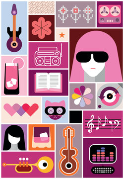 Pop art collage of many different objects, set of design elements.	