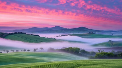  rolling hills, pink, purple sky, foggy valley