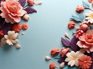 Flowers composition on blue background. Flat lay, top view, copy space - 771759126