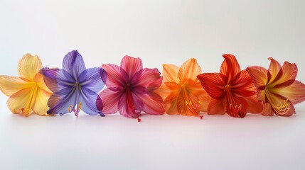  A line of colorful blossoms resting beside one another on a white platform against a white backdrop