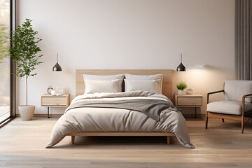 Diseño elegante y moderno de un dormitorio clásico con luz natural
 - obrazy, fototapety, plakaty