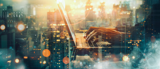 Close-up of hands on laptop, cityscape background. Double exposure merges tech with urban. Represents global connectivity, remote work, digital influence on city life. Businesslike, cosmopolitan vibe. - obrazy, fototapety, plakaty