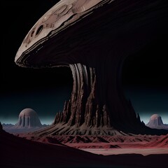 An alien landscape with three mushroom-shaped structures.