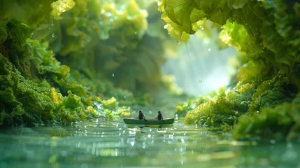 Foto op Canvas  Two individuals in a tiny vessel amidst aquatic vegetation and water lilies © Olga