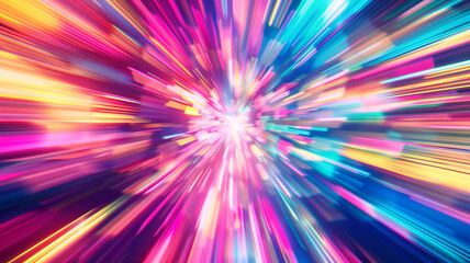 Fototapeta premium Flash rainbow abstract colorful background design. Multi-colored stripes and lines in perspective and converging into a point. Explosive light speed rays effect. Flash of bright light. Digital art. 