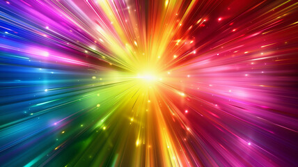 Flash rainbow abstract colorful background design. Multi-colored stripes and lines in perspective and converging into a point. Explosive light speed rays effect. Flash of bright light. Digital art. 