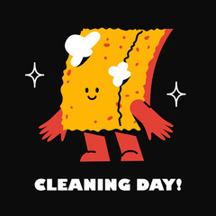 The foam sponge is smiling. A washcloth for dishes. Funny cute character. Cleaning day sticker.