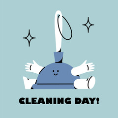 The plugging plunger is smiling. Funny cute character. Cleaning day sticker.