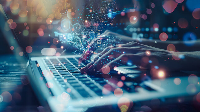 Person types on laptop with security, technology, AI symbols. Indicates cybersecurity, data protection tasks. Emphasizes importance of secure IT systems. Modern, digitalized atmosphere.