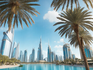 Vertical view of skyscrapers and palm trees in Dubai