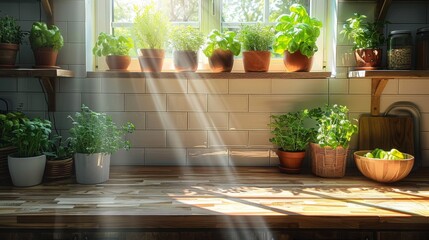  A windowsill with sunlight streaming through and filled with potted plants next to it