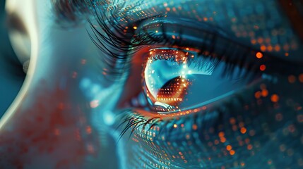 Eye looks to the future business. Woman's eye in the double exposure of a modern city and technology. AI generated illustration - obrazy, fototapety, plakaty