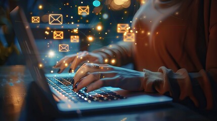 Close up of female hands using laptop keyboard on desk with glowing email letter icons on blurry background. Communication and business message concept. AI generated illustration