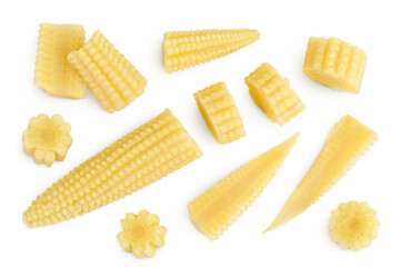 Pickled young baby corn cobs isolated on white background. Top view. Flat lay