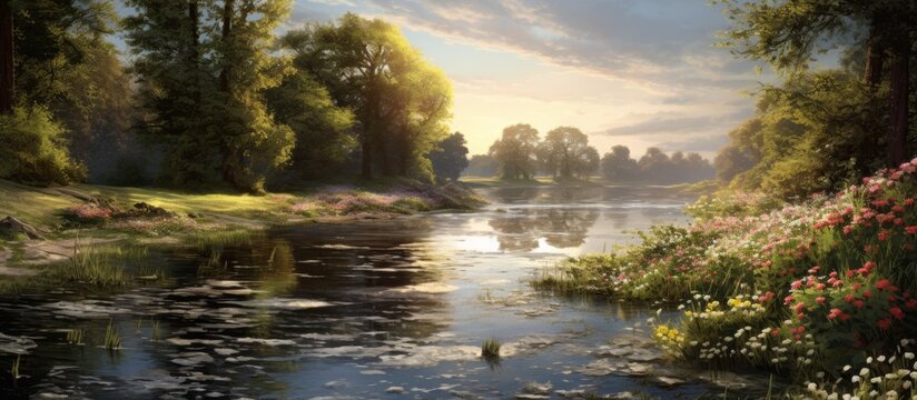 A beautiful painting capturing the serenity of a river winding through lush trees and vibrant flowers during a stunning sunset
