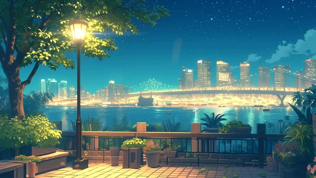 Lofi city night with shooting stars in the sky starry night. seamless looping 4k time-lapse animation video background