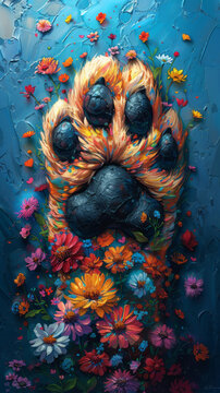 dog colorful paw flowers ice blue background art cyberpunk,generative ai