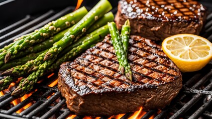 Searing grilled steak with asparagus. Restaurant photo.