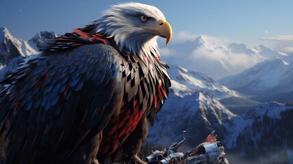 Against a backdrop of red, white, and blue, the eagle stands sentinel, a guardian of American ideals. - obrazy, fototapety, plakaty