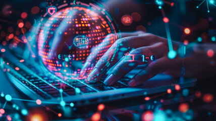 
Hands typing on laptop keyboard overlaid with digital cybersecurity elements, global networking theme, data transmission, digital infrastructure.