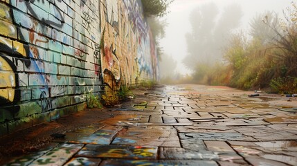 An early morning dew sets a misty ambiance over a graffiti-adorned brick wall, with the artwork...