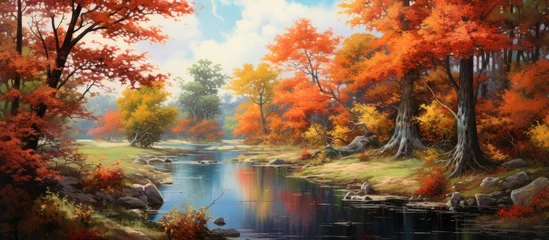 Fotobehang An art piece depicting a natural landscape with a river, trees in autumn, and a cloudy sky. The water reflects the colorful foliage, creating a serene scene © AkuAku