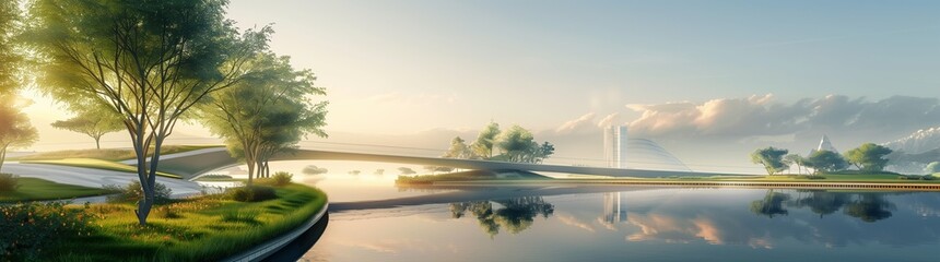 An elegant, ultra-realistic image of a serene landscape, where a modern architectural marvel...