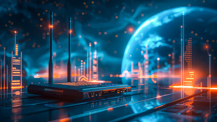 Stylized Wi-Fi router emits signals against futuristic backdrop with holographic elements. Graphs indicate network activity. - obrazy, fototapety, plakaty
