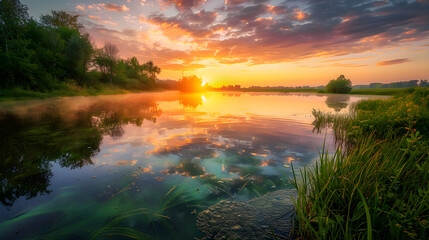 Fototapeta na wymiar Awakening of Nature: Breathtaking Sunrise Over a Serene Lake Surrounded by Lush Greenery
