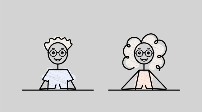 happy student characters sketch, students at the desk boy and girl doodle vector illustration