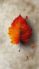 Orange Leaf With Swirls on Beige Background