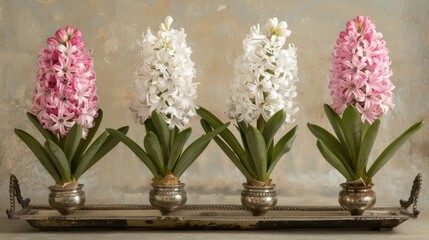  Three silver vases filled with pink and white flowers sit on a metal tray against a wall