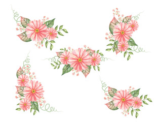 Beautiful peach daisy  watercolor flower bunch arrangement set