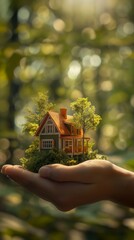 House model in hand, sunlight. Earth Protection Day. New home. Deposit to protect your home. - obrazy, fototapety, plakaty