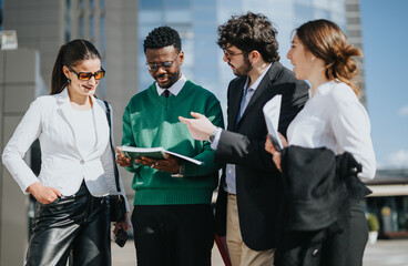 Diverse business professionals engaged in a strategy discussion outdoors, focusing on market expansion and profit growth.
