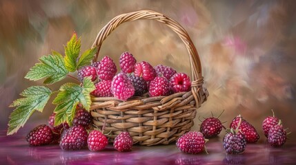  Wicker basket with berries, near bunches and green leaves