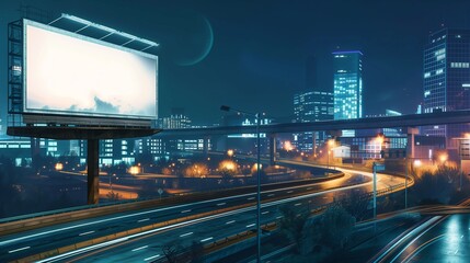 Fototapeta na wymiar Capturing the quiet elegance of a night-time city, this image showcases an empty billboard poised for a mockup amidst a network of roads illuminated by ambient city light.