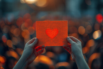 hand holding greeting card with cut out heart shape mock up, clean,generative ai