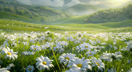 Beautiful spring and summer natural landscape field of daisies in full bloom, with rolling hills and the sun shining brightly overhead. 