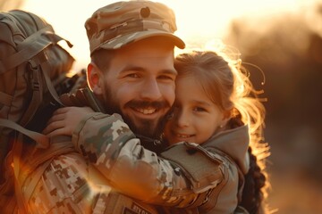 An American servicemen returning from duty. Brave soldier hugging his daughter. Father and daughter are happy after a long separation. Family reunification. - obrazy, fototapety, plakaty