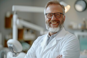 Close-up portrait of a male dentist posing at dental clinic with modern advanced equipment. Mature Caucasian clinician wearing white medical uniform with confident smile.