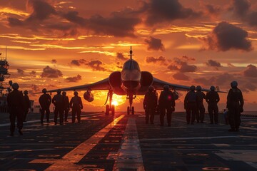Ground crew greets military jet landing on deck of aircraft carrier. Deck crew members signal the jet pilot to taxi aircraft into parking lot. Beautiful twilight sky and setting sun in the background.