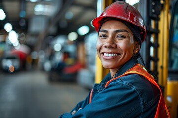 Portrait of a young warehouse worker in signal vest and protective hard hat. Smiling warehouse employee standing near forklift in large warehouse distribution center with arms crossed.