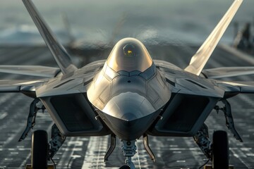 Front view of an F-22 Raptor fighter jet accelerating during takeoff on an aircraft carrier runway. The aircraft is sent on combat duty in offshore waters. - obrazy, fototapety, plakaty