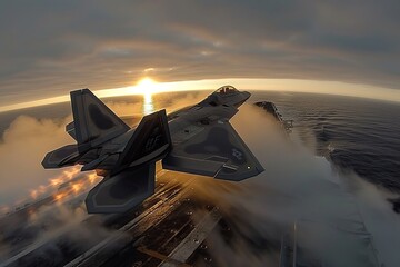 View from the back on F-22 Raptor fighter jet accelerating during takeoff on an aircraft carrier runway. The military plane is sent on combat duty in offshore waters. Wide angle lens effect. - obrazy, fototapety, plakaty