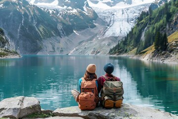 Couple of tourist sitting on the mountain lake on sunny summer day. AI generated illustration - obrazy, fototapety, plakaty