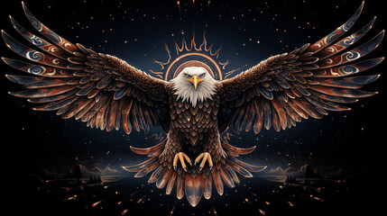 Amidst a sea of stars, the eagle's silhouette is a striking emblem of patriotism and national pride. - obrazy, fototapety, plakaty