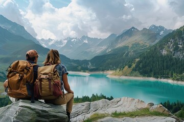 Couple of tourist sitting on the mountain lake on sunny summer day. AI generated illustration - obrazy, fototapety, plakaty